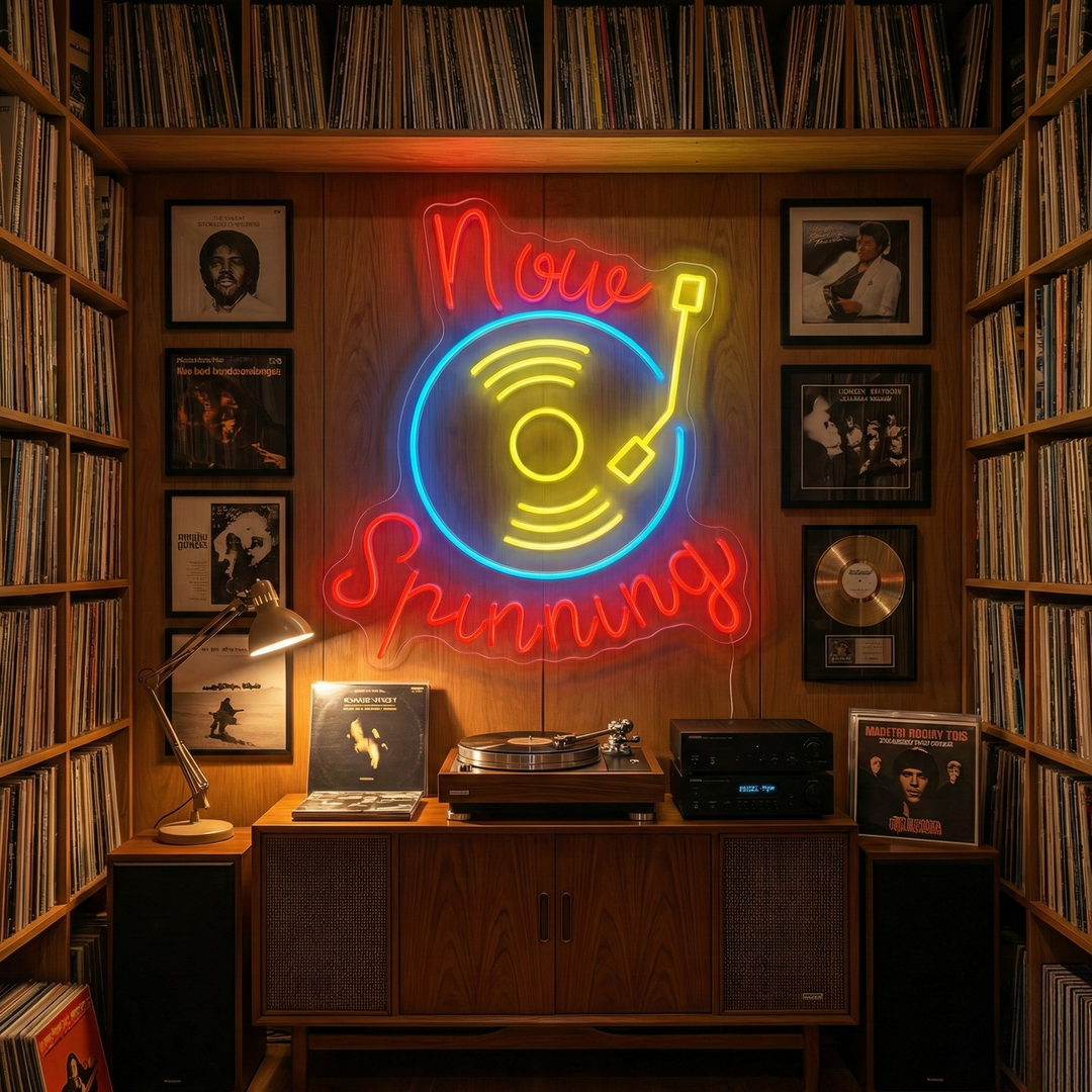 "Now Spinning" Neonskylt