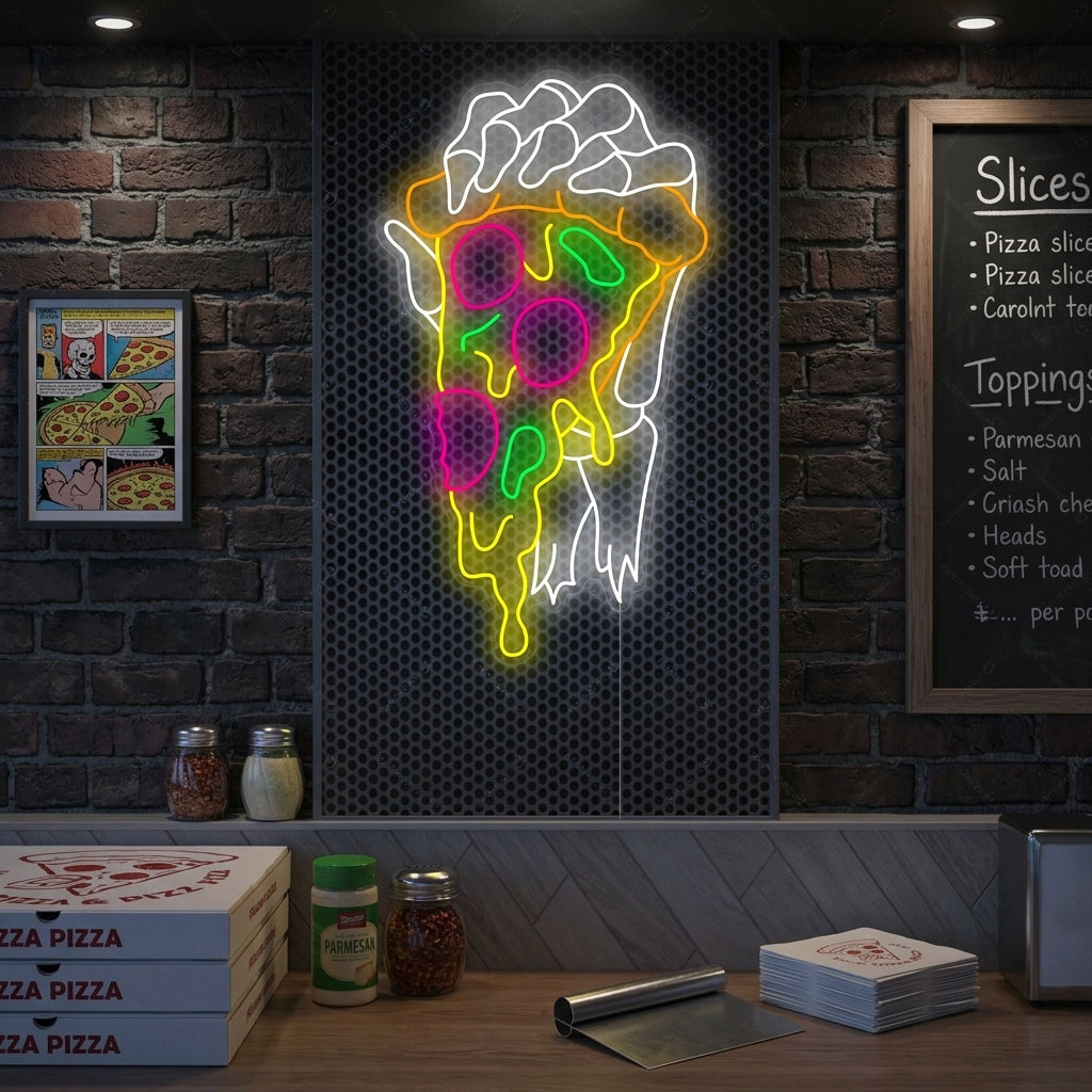"Skelett Hand Håller Pizza" Neonskylt