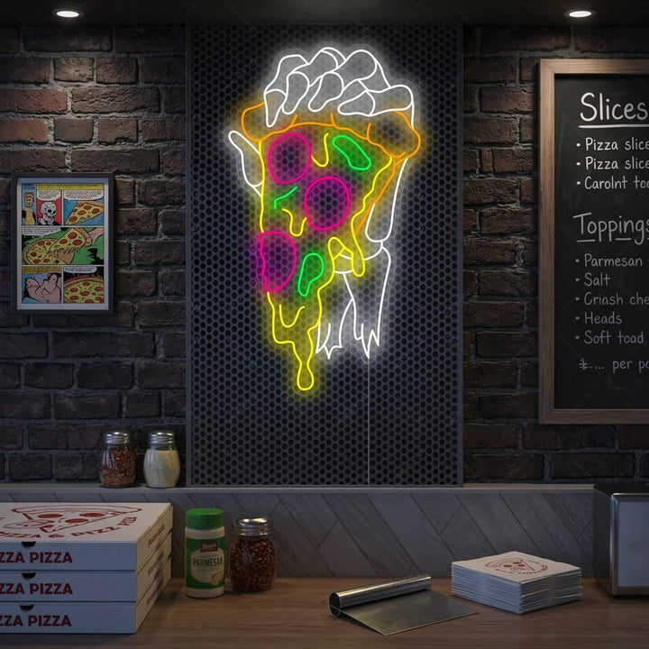 "Skelett Hand Håller Pizza" Neonskylt