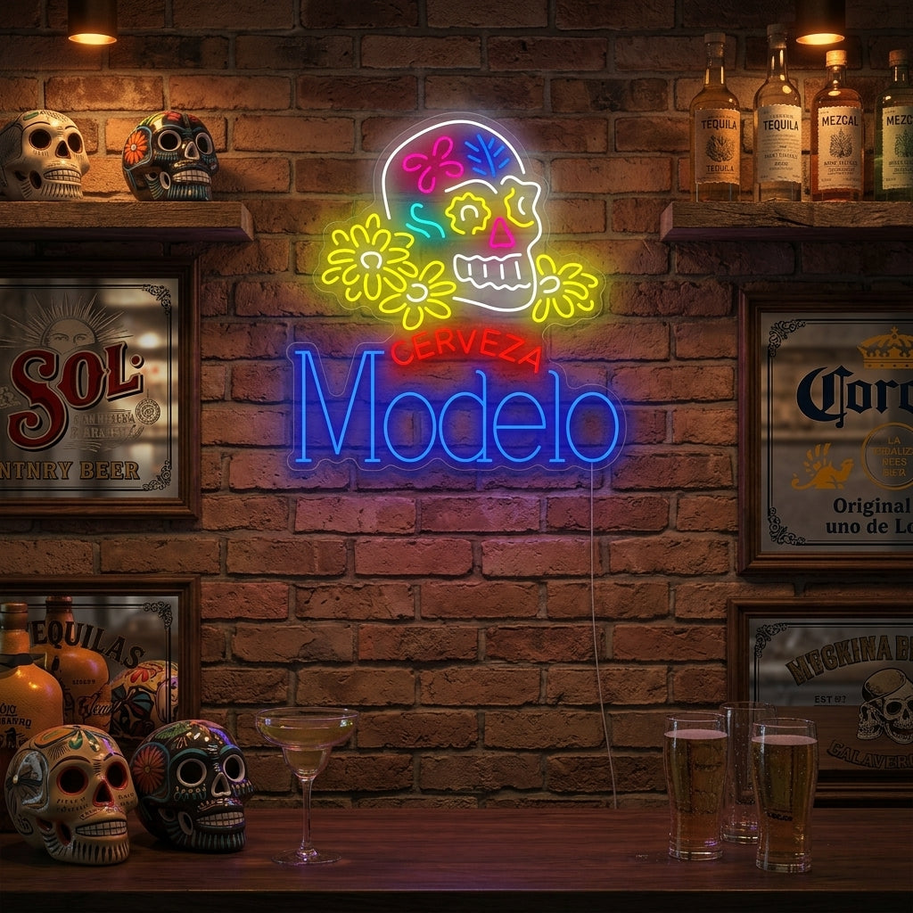 "Cerveza Modelo Skull" Neonskylt