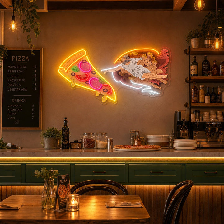 "Adam God Made Pizza, snabbmatsreklam, restauranglogotyp" UV-tryckt LED-neonskylt