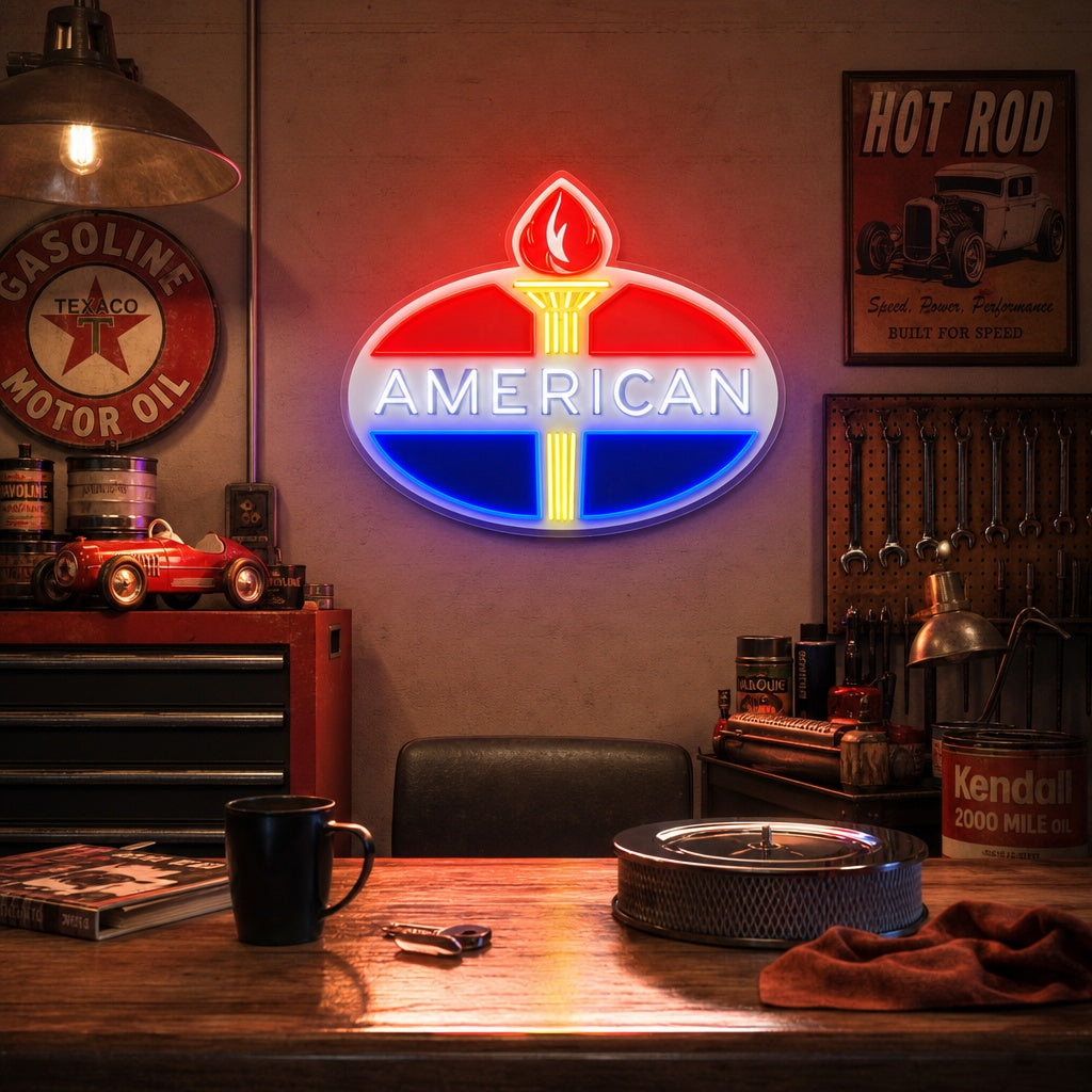 "American Bensin-logotyp" UV-tryckt LED-neonskylt
