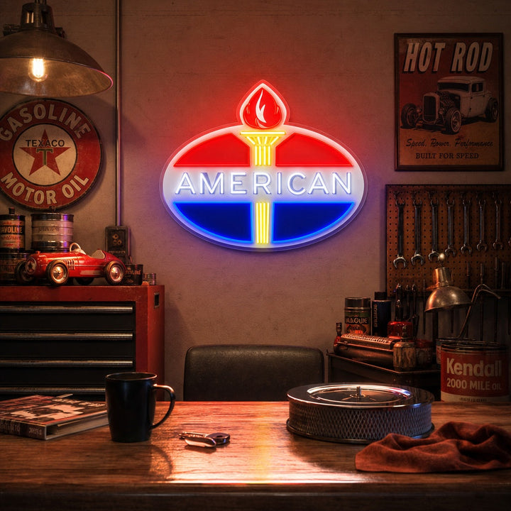 "American Bensin-logotyp" UV-tryckt LED-neonskylt