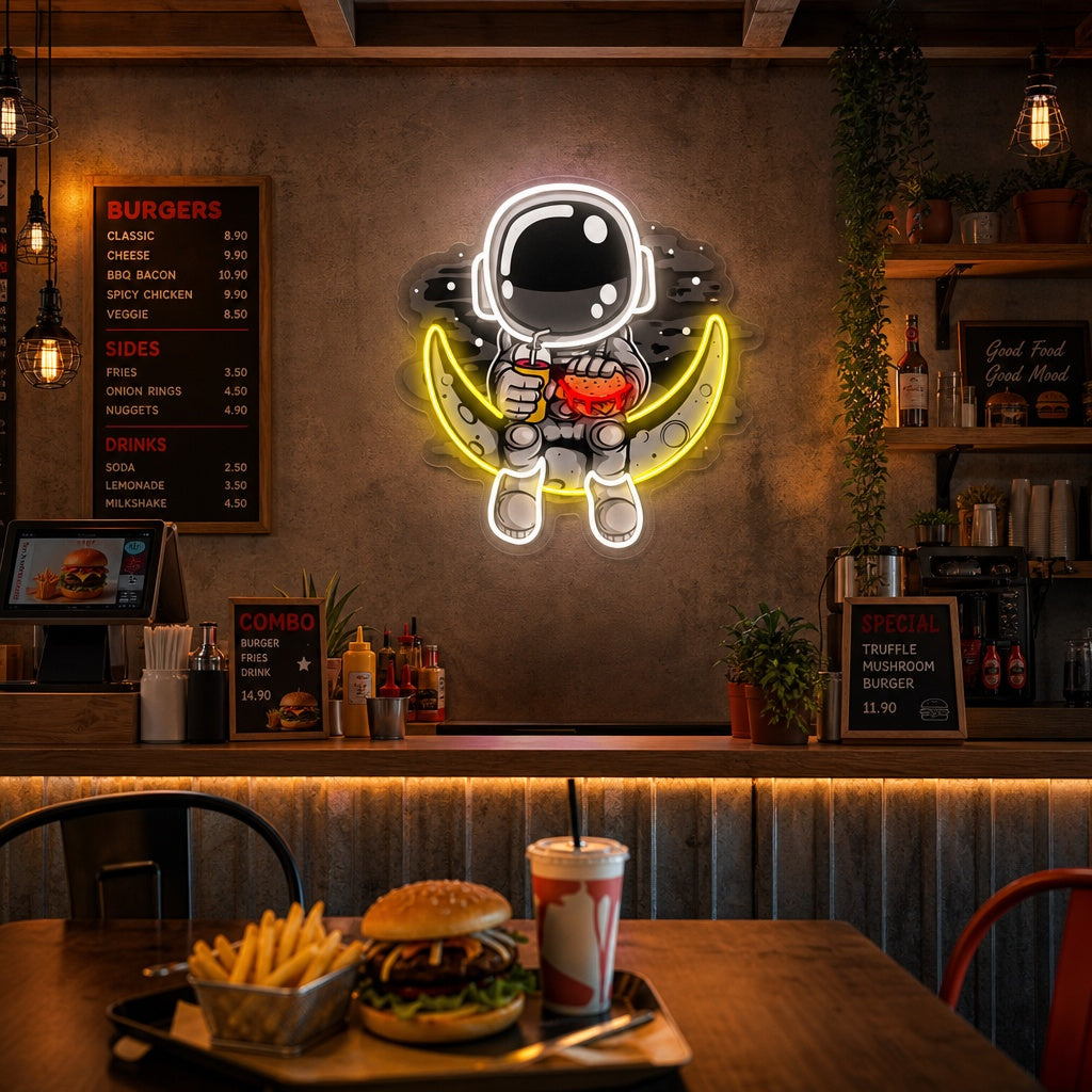 "Astronaut Moon Burger, snabbmatslogotyp" UV-tryckt LED-neonskylt