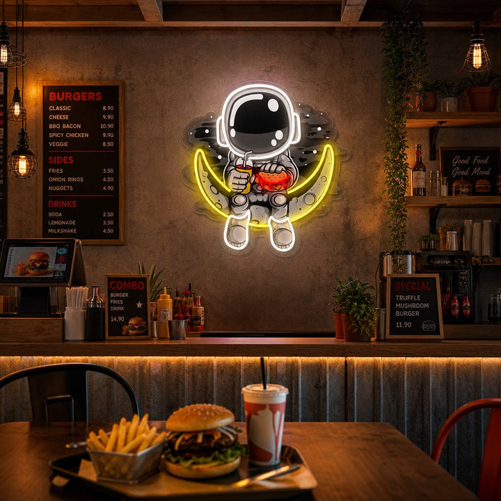 "Astronaut Moon Burger, snabbmatslogotyp" UV-tryckt LED-neonskylt