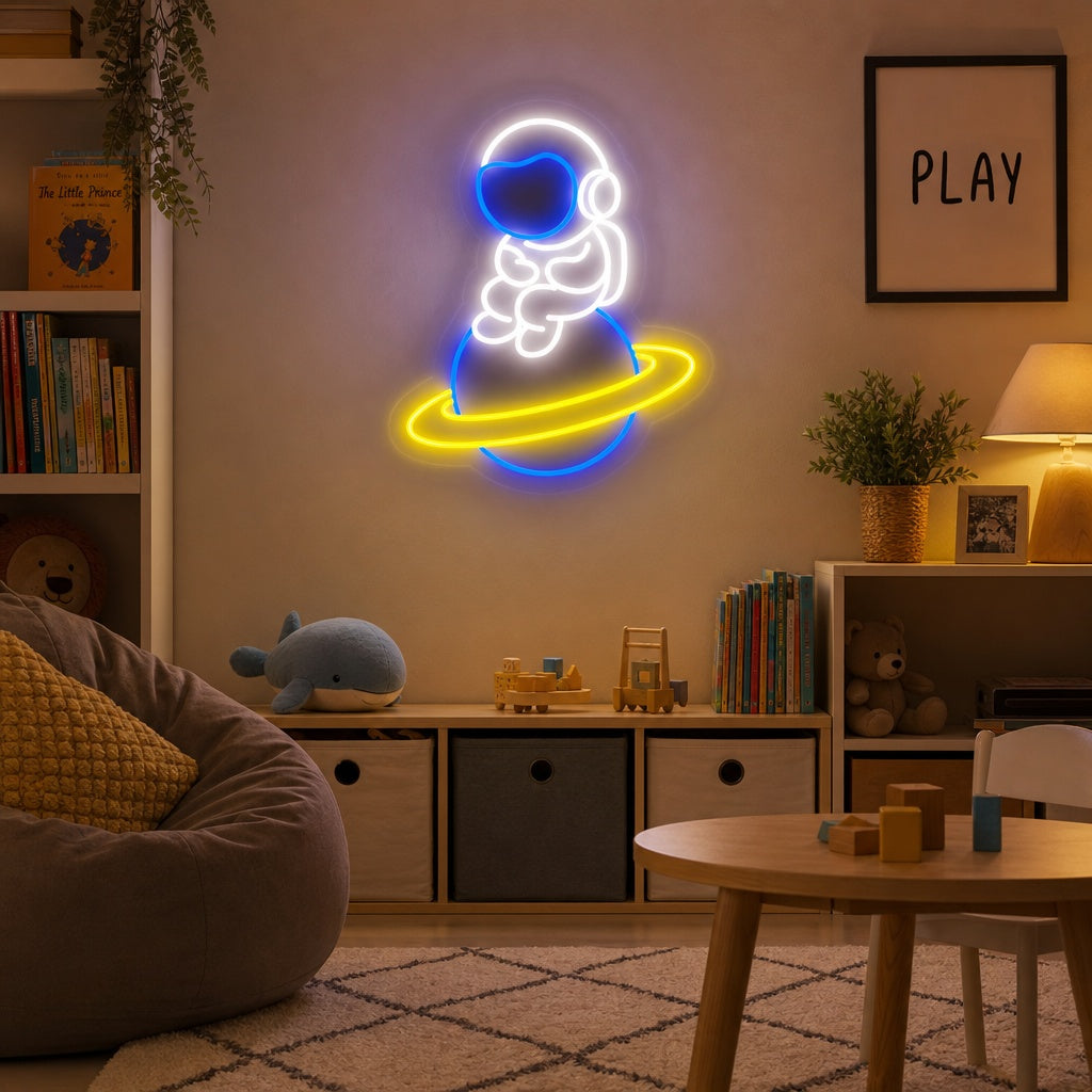 "Astronaut Rymdman Sitter På Planet" Neonskylt