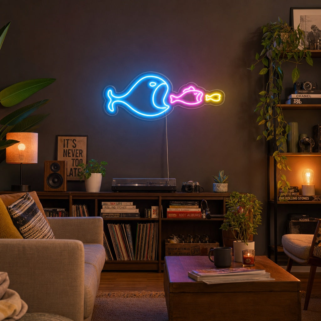 "Stor Fisk Äter Liten Fisk" Neonskylt