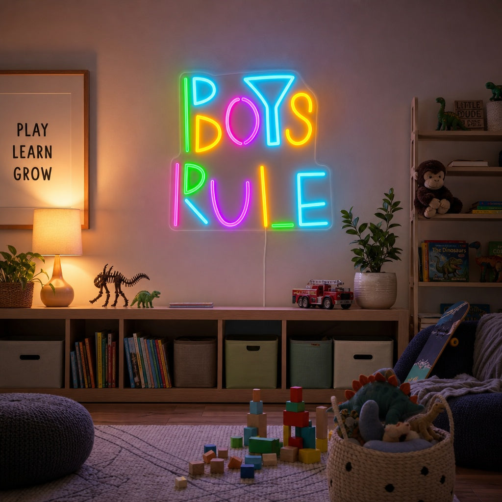 "Boys Rule, Dekor För Barnrum" Neonskylt