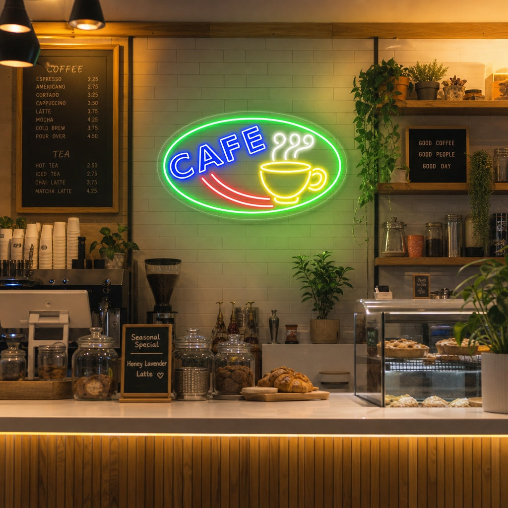 "cooffee, kaffekopp" Neonskylt