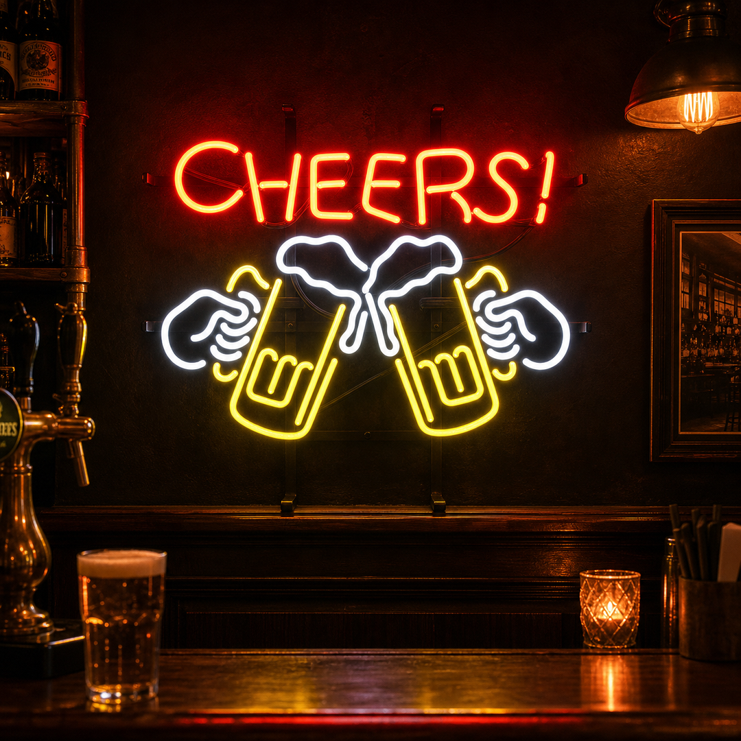 "Cheers, Öl" Neonskylt