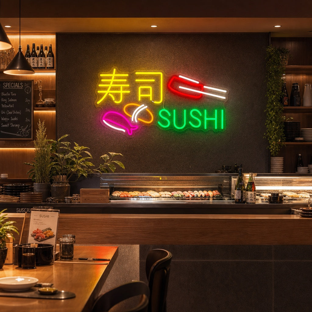 Sushi Och Sashimi Neonskylt, Japansk restauranginredning