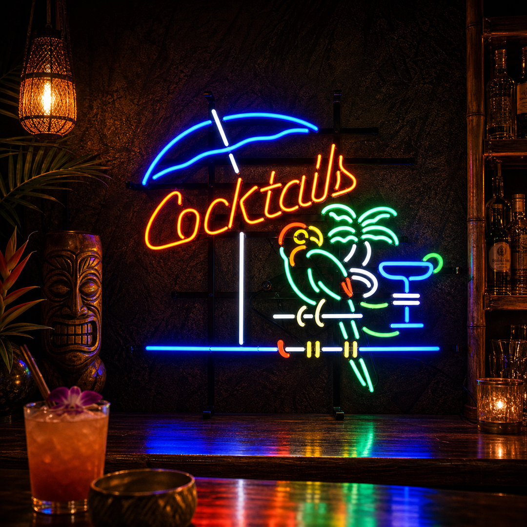 "Cocktails, Papegoja, Cocktail" Neonskylt