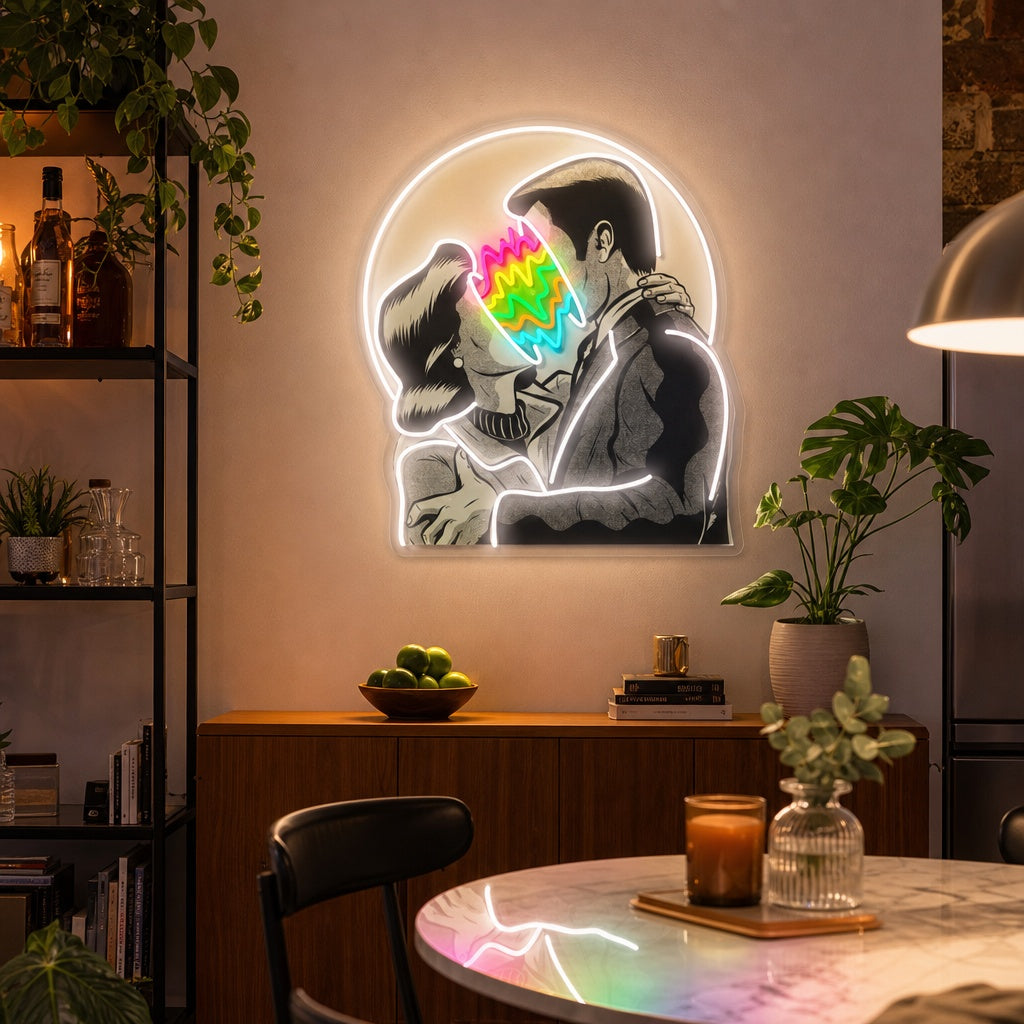 "Färgälskare, kyssande par" UV-tryckt LED-neonskylt
