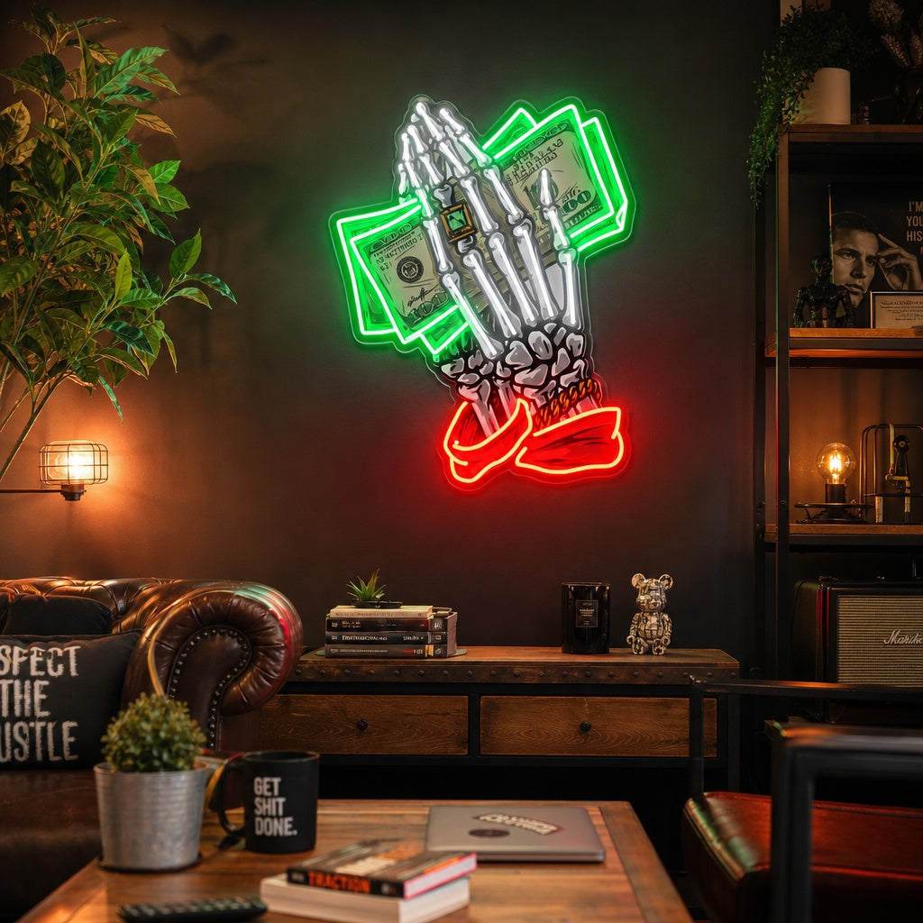 "Färgglada pengar med skeletthänder som håller dollarsedlar" UV-tryckt LED-neonskylt