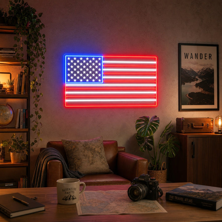 "Anpassat namn USA-flaggan" UV-tryckt LED-neonskylt