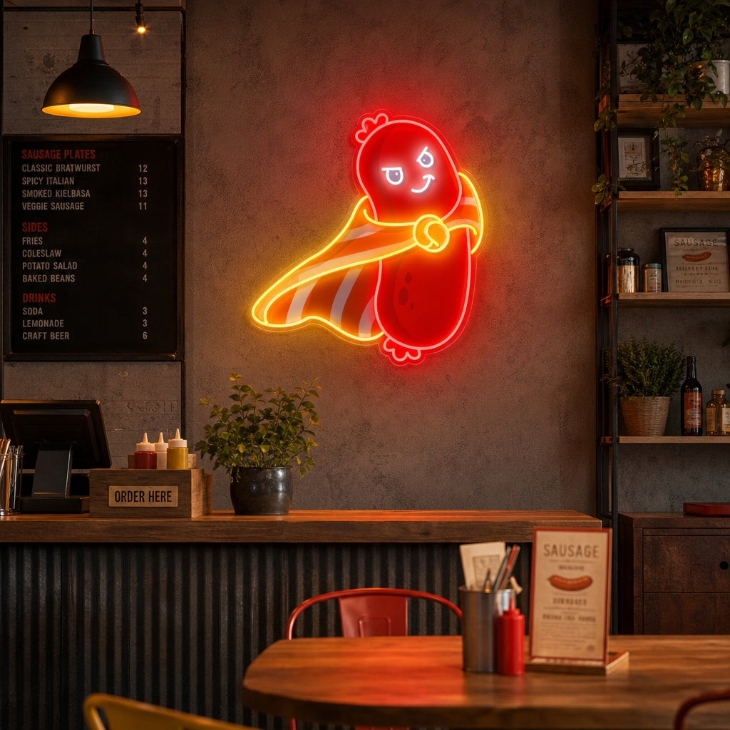 "Söt korv superhjälte, mat, restaurang" UV-tryckt LED-neonskylt