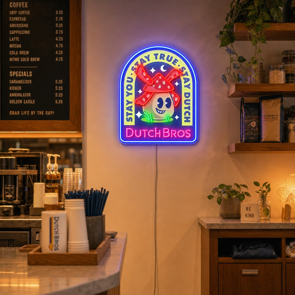 "Dutch Coffee, väderkvarnar" UV-tryckt LED-neonskylt