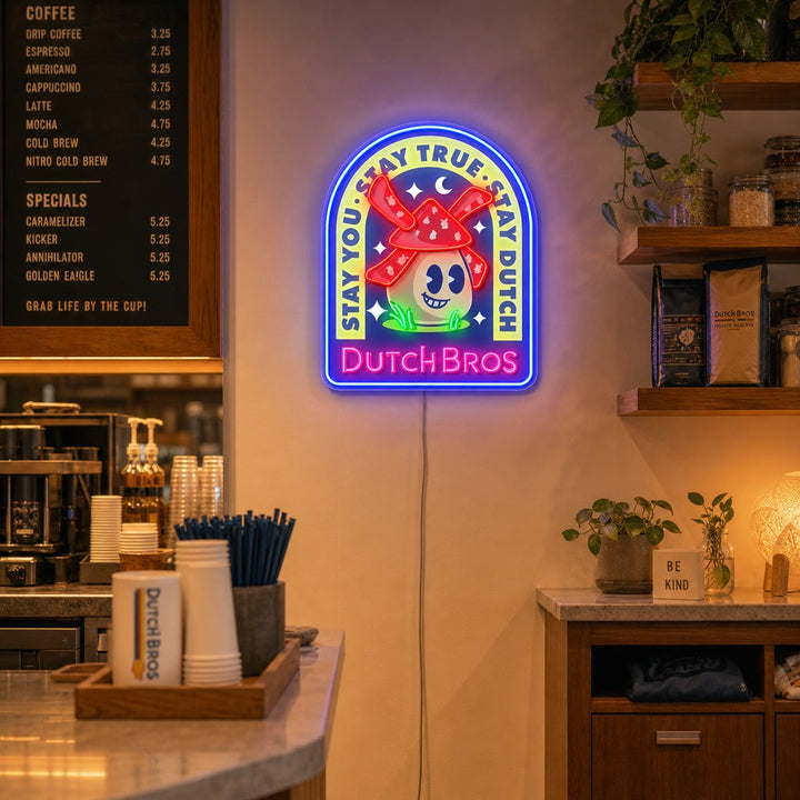 "Dutch Coffee, väderkvarnar" UV-tryckt LED-neonskylt