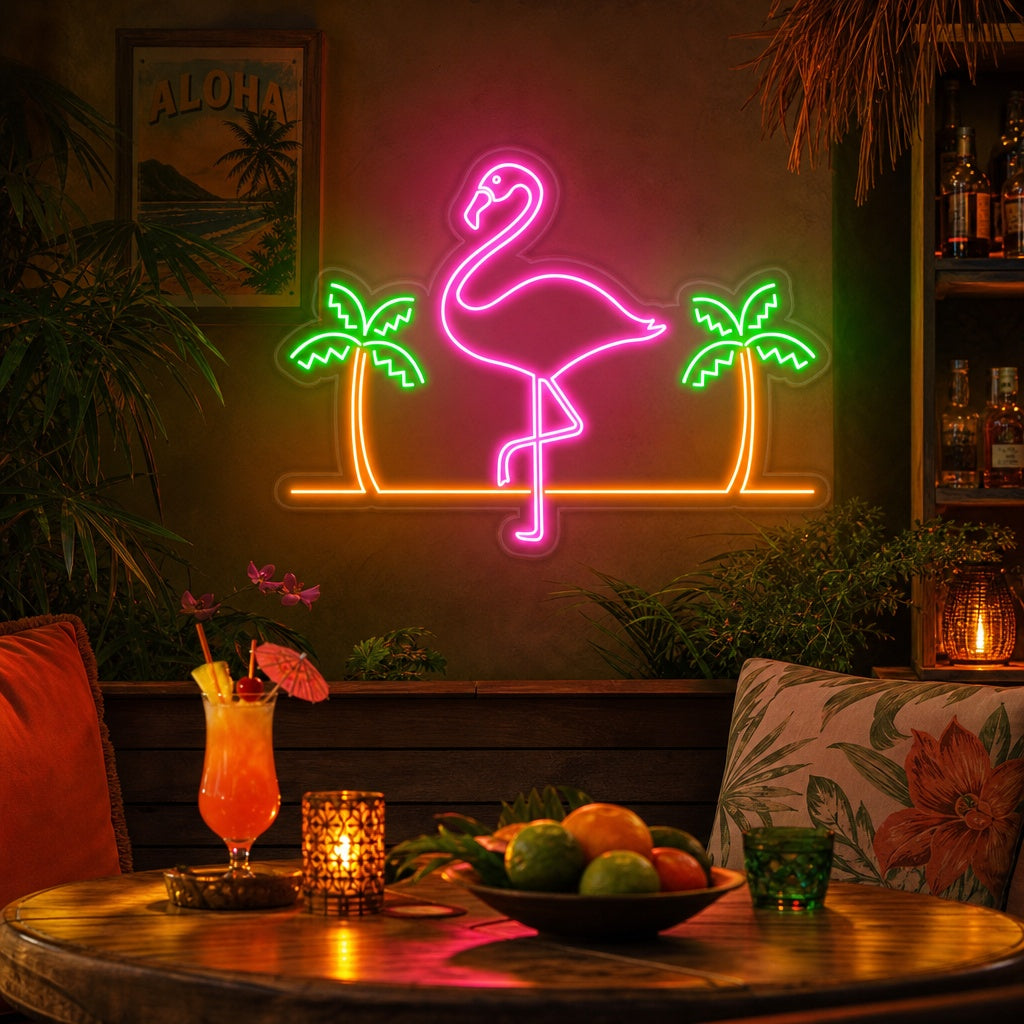 "Flamingo, Palmträd, Bar" Neonskylt