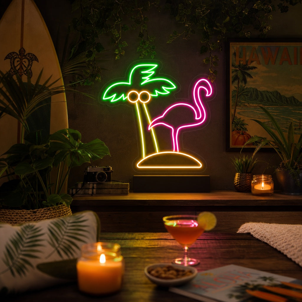 "Flamingo, Palmträd, Strand" Neonskylt