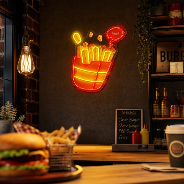 "Pommes frites Med Chilisås, Snabbmat" UV-tryckt LED-neonskylt