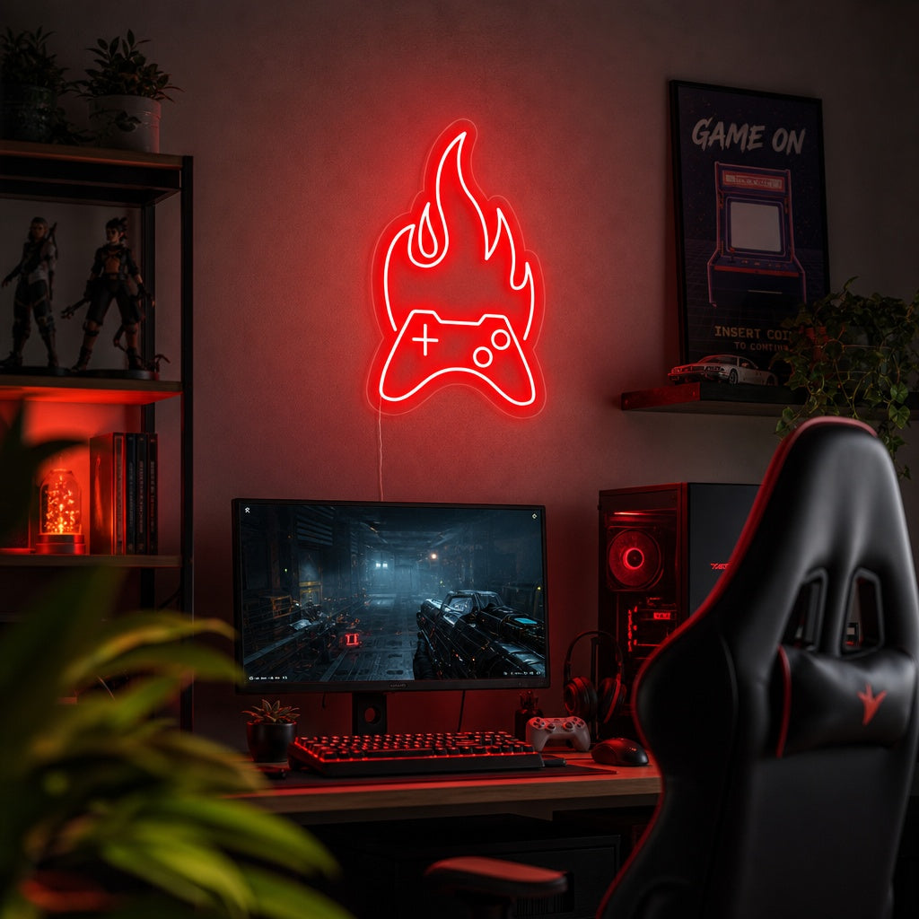 "Spelkontroll, Eld, Gamer Dekor" Neonskylt