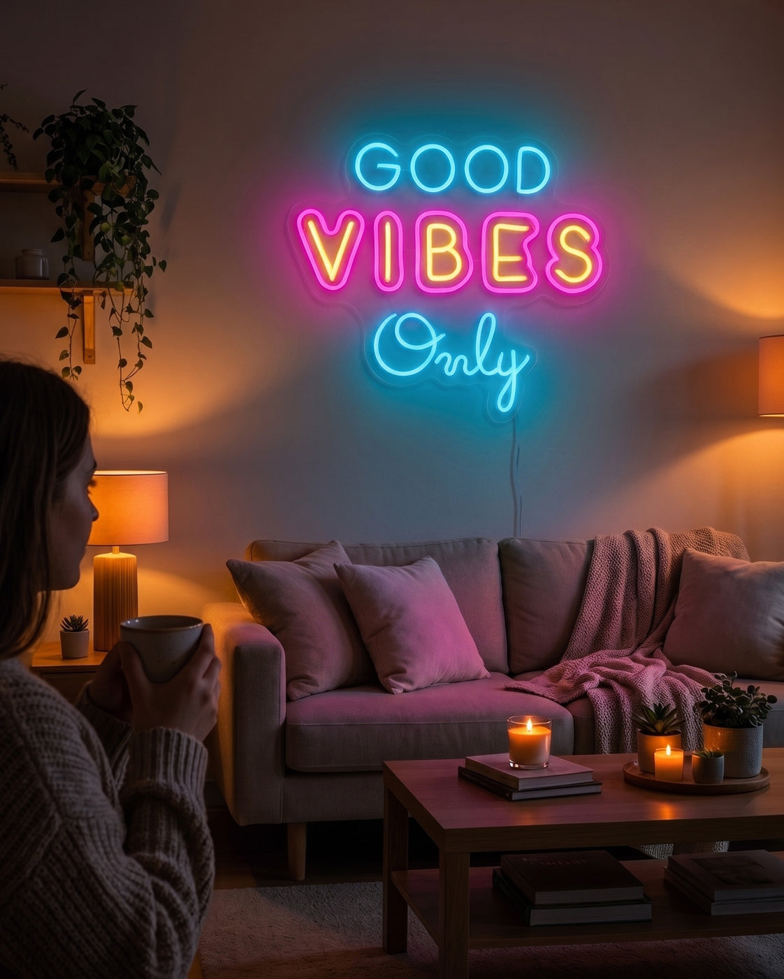Ett varmt vardagsrum med en Good Vibes Only-neonskylt