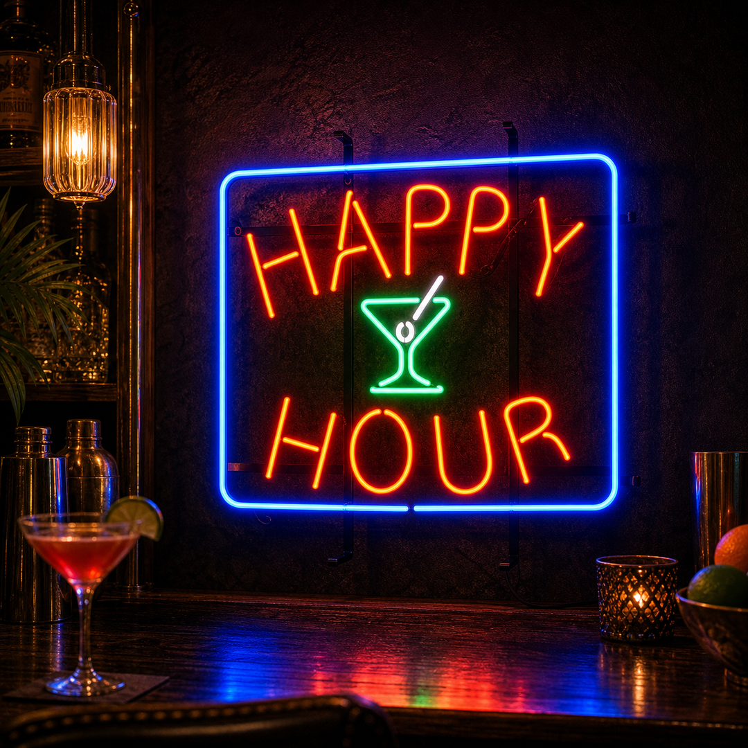"Ölbar Med Happy Hour" Neonskylt