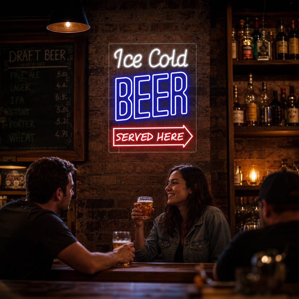 "Ice Cold Beer Served Here Bar" Neonskylt