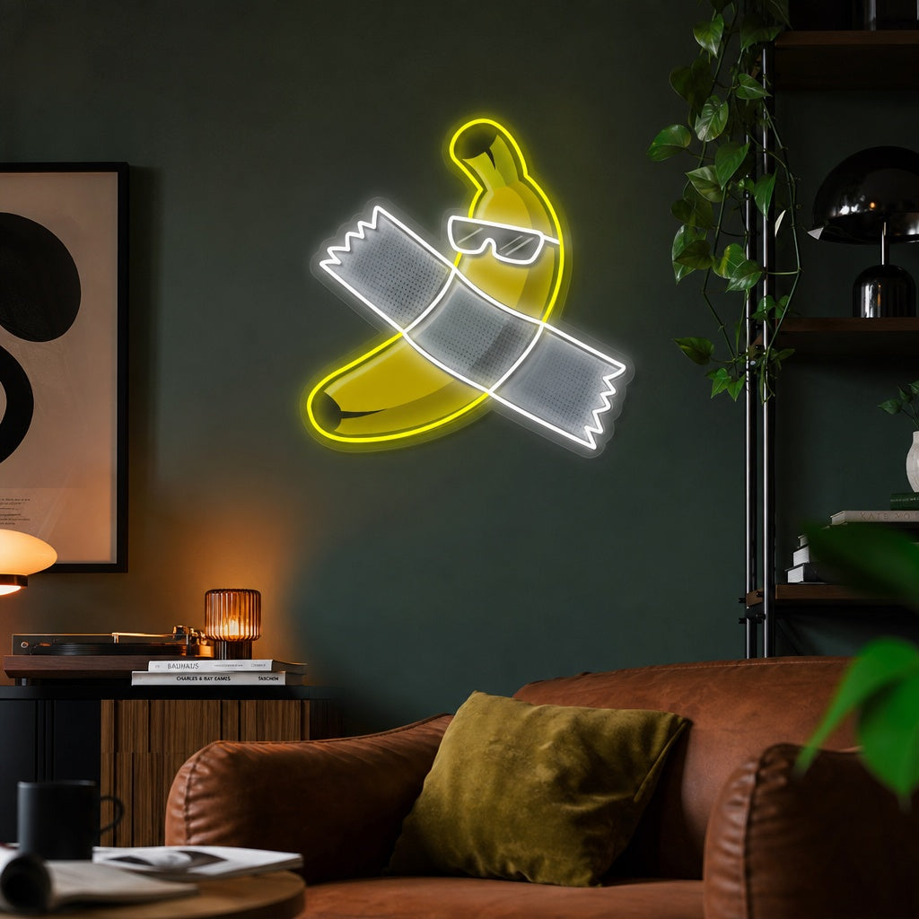 "Är denna konst, banan med tejp" UV-tryckt LED-neonskylt