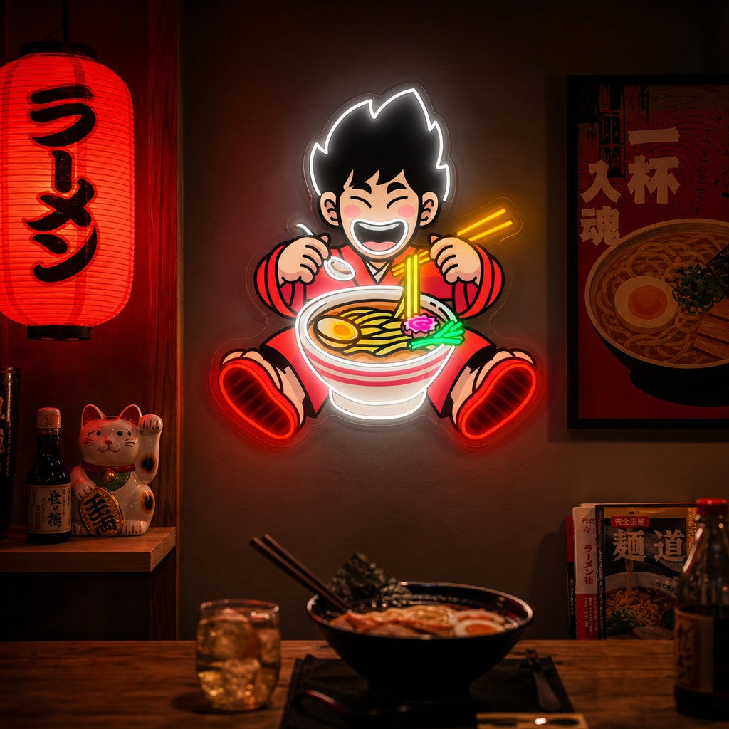 Pojke och Ramen-nudel Neonskylt, Japansk restauranginredning