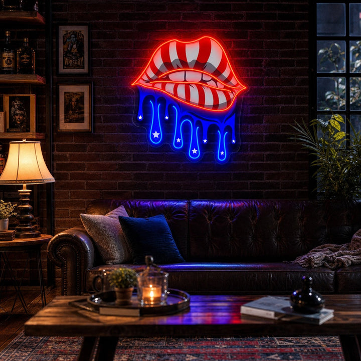 "Läppar Med Amerikanska Flaggan som droppar" UV-tryckt LED-neonskylt