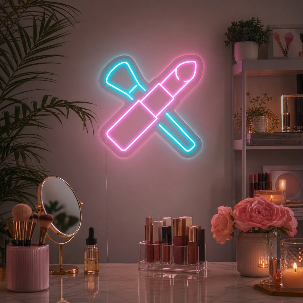 "Sminkborstar, Läppstift" Neonskylt