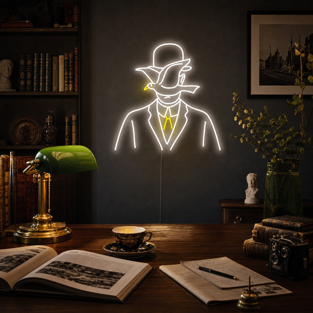 "Man I Bowlerhatt Rene Magritte" Neonskylt