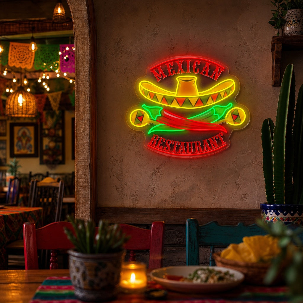 "Mexikansk restaurang Sombrero Maracas Pepper" UV-tryckt LED-neonskylt