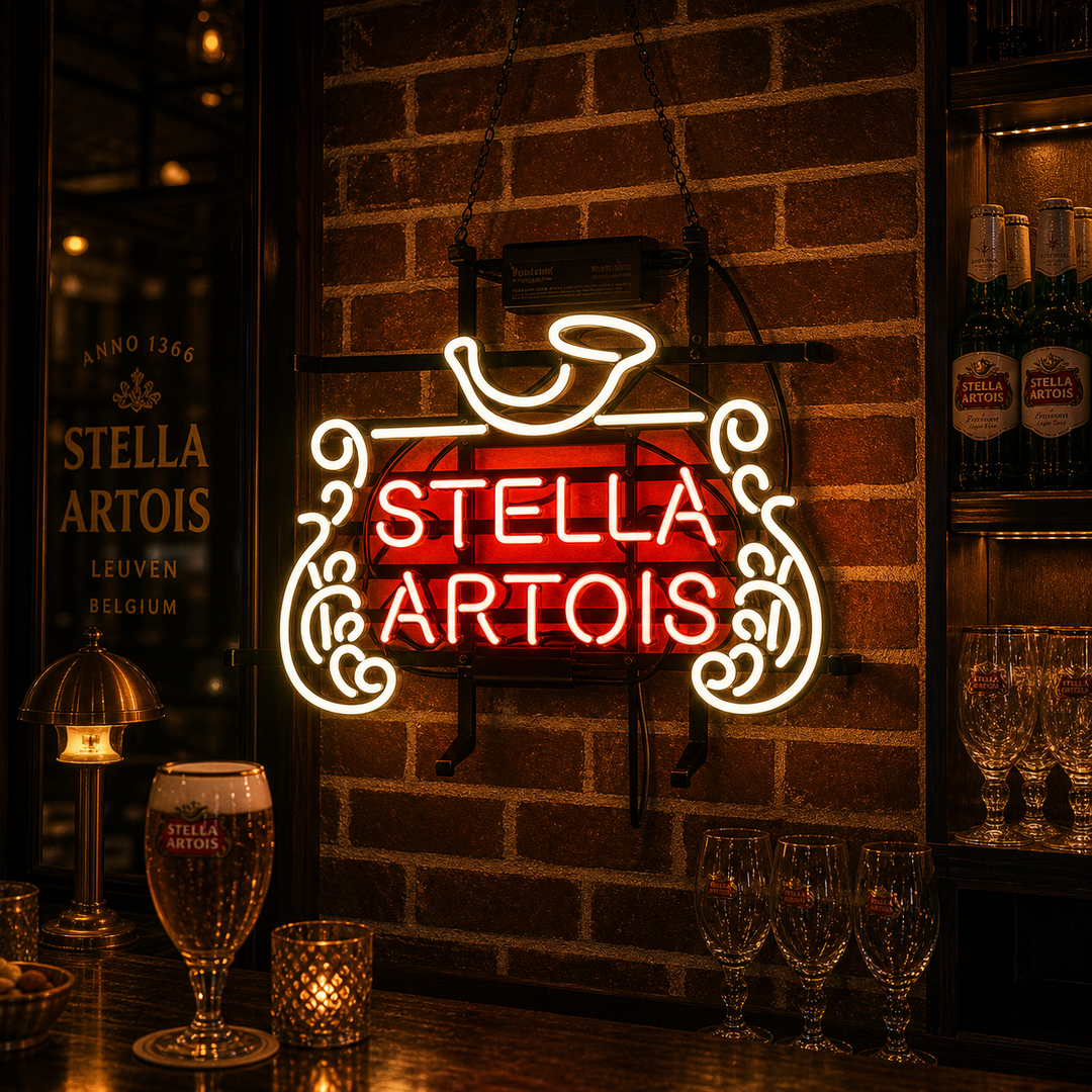 "New Stella Artois Belgian Lager" Neonskylt
