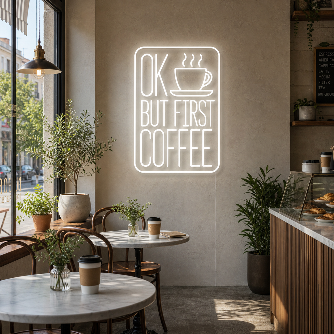 "Ok But First Coffee" Neonskylt