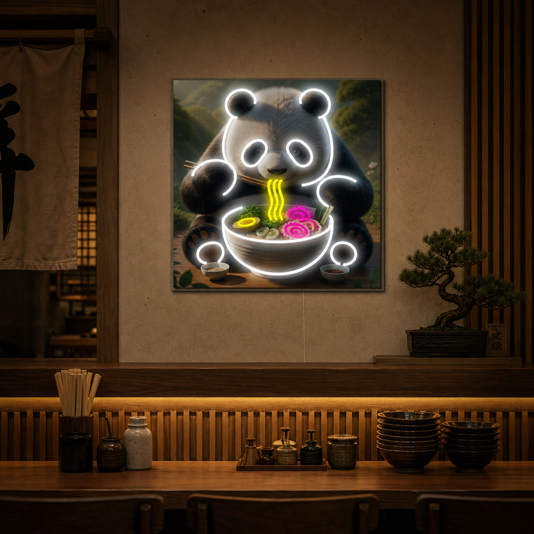 Panda och Ramen Neonskylt, Japansk restauranginredning