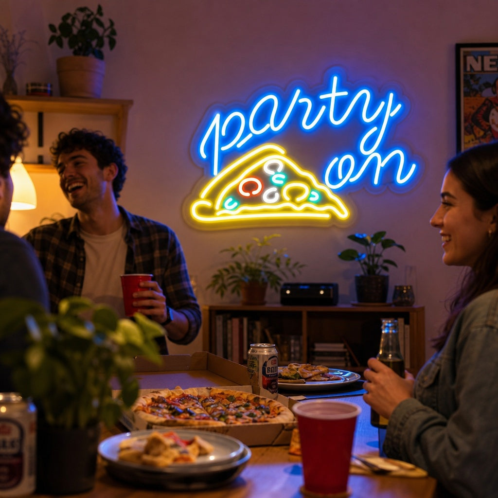 "Party On Pizza" Neonskylt