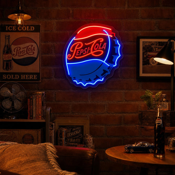 "Pep Cola flaskkapsyler" UV-tryckt LED-neonskylt