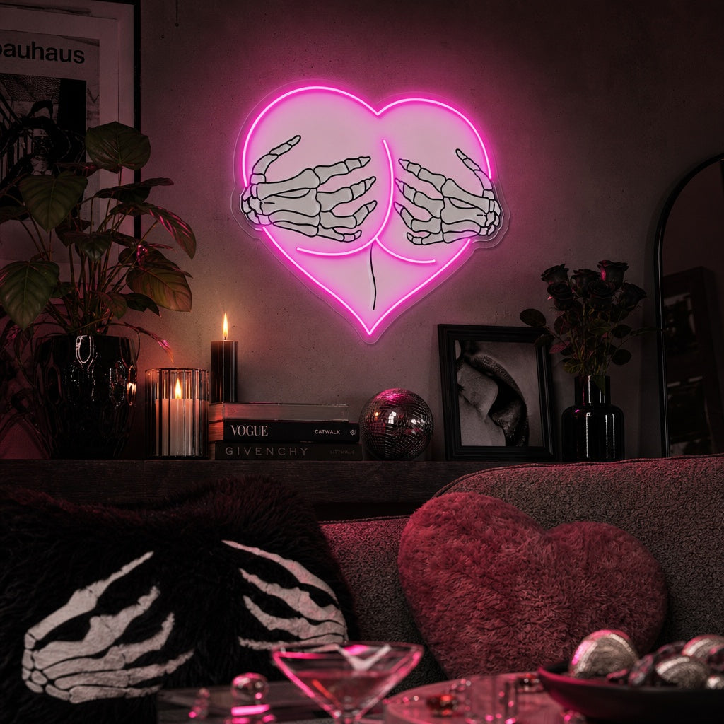 "Rosa hjärta rumpa Kram skelett händer" UV-tryckt LED-neonskylt
