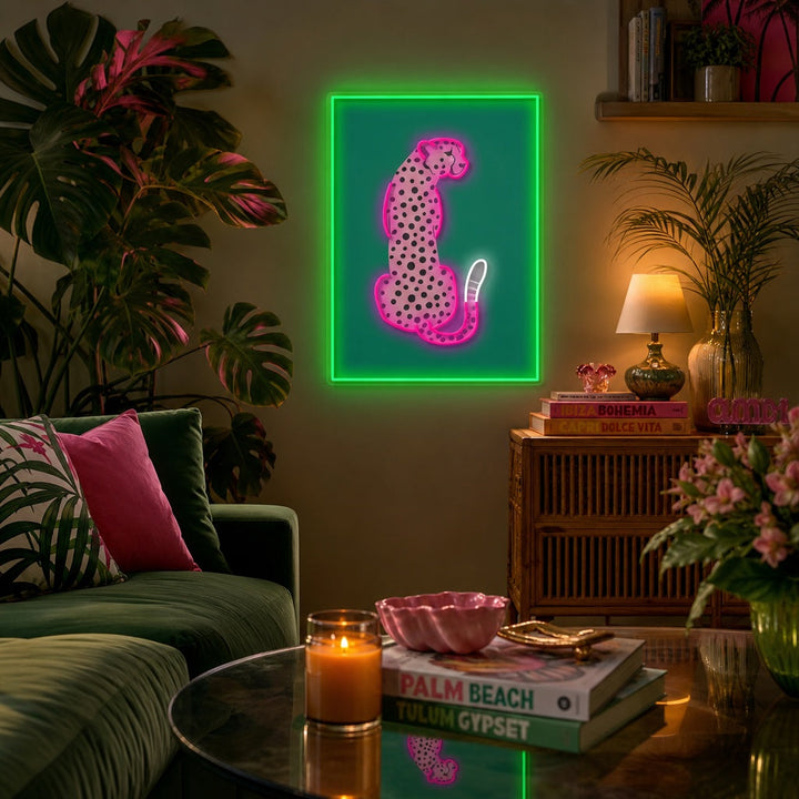 "Rosa leopard afrikansk gepard Tropisk popkonst" UV-tryckt LED-neonskylt