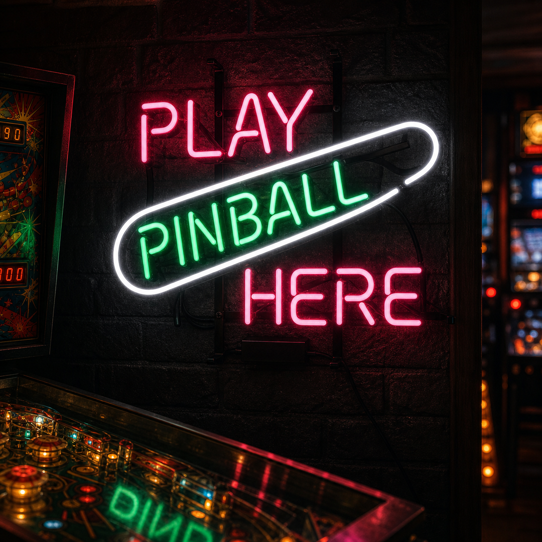 "Play Pinball Here, Rum För Spel" Neonskylt