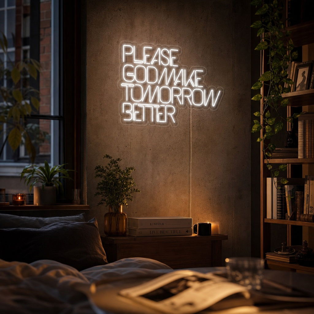 "Please God Make Tomorrow Better" Neonskylt