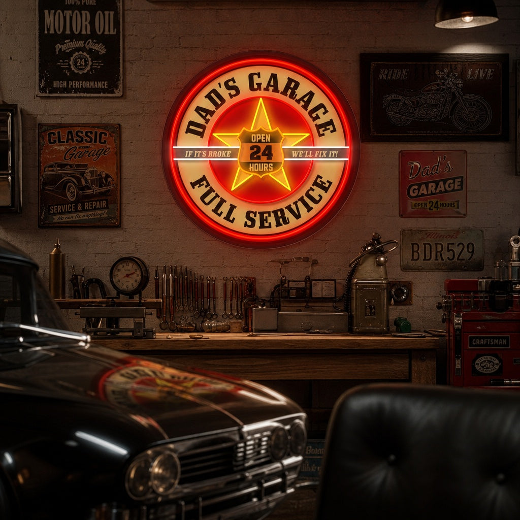 "Retro Dads Garage, Mobil Inspired" UV-tryckt LED-neonskylt