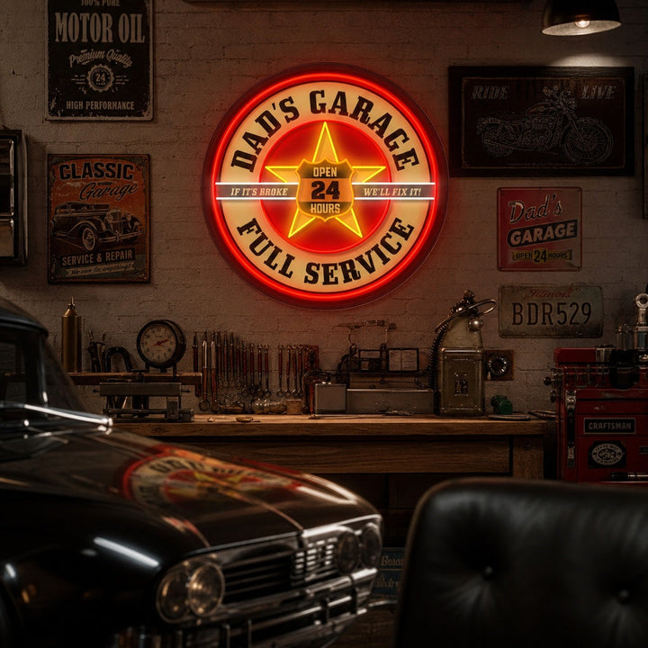 "Retro Dads Garage, Mobil Inspired" UV-tryckt LED-neonskylt
