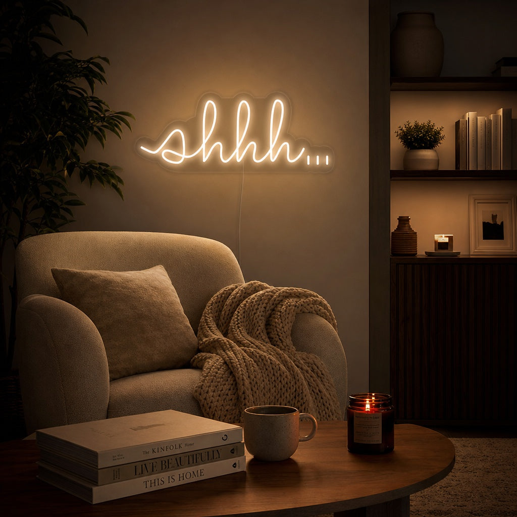 "Shhh Shut Up Be Quiet" Neonskylt