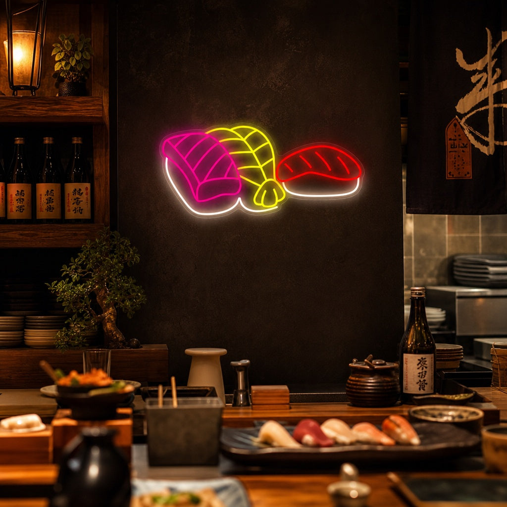 Räka lax sushi Neonskylt, Japansk restauranginredning