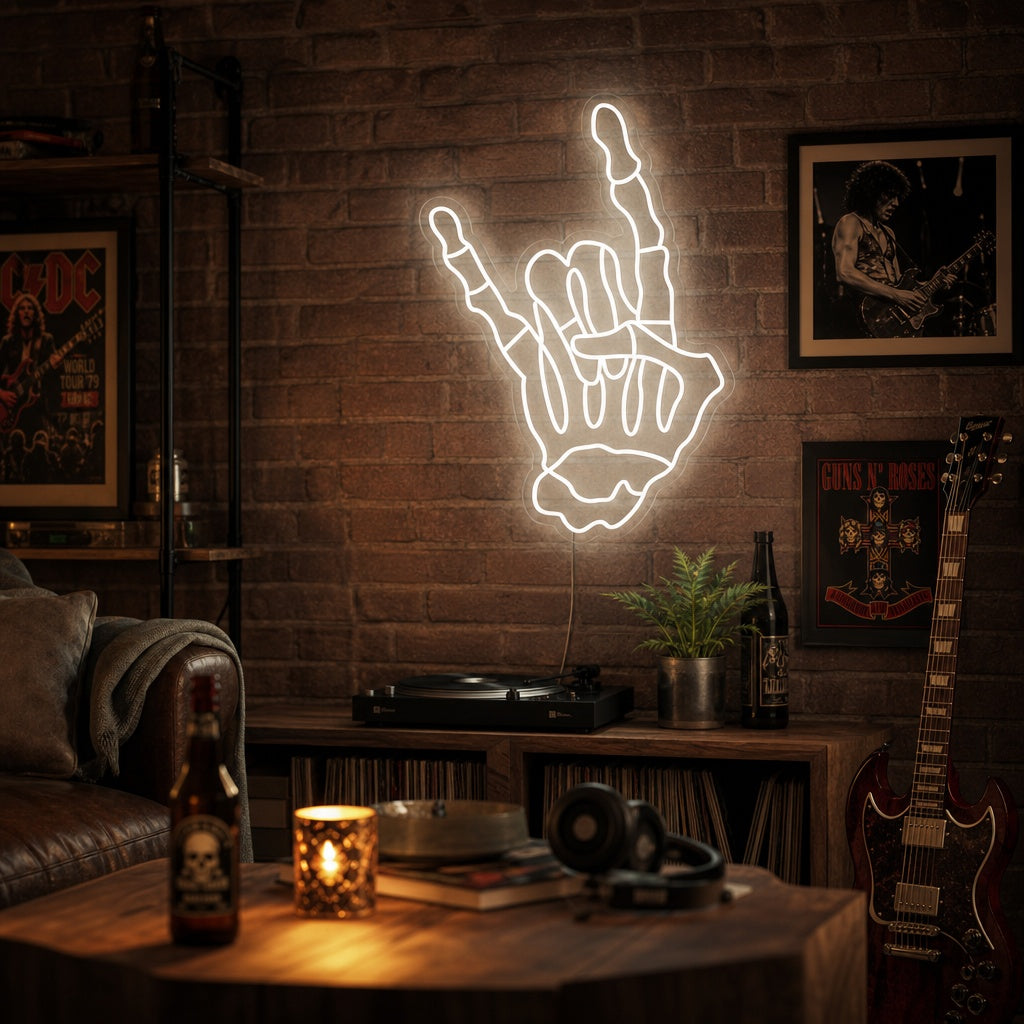 "Skelett Skalle Hand Som Gör Rock And Roll-Gester" Neonskylt