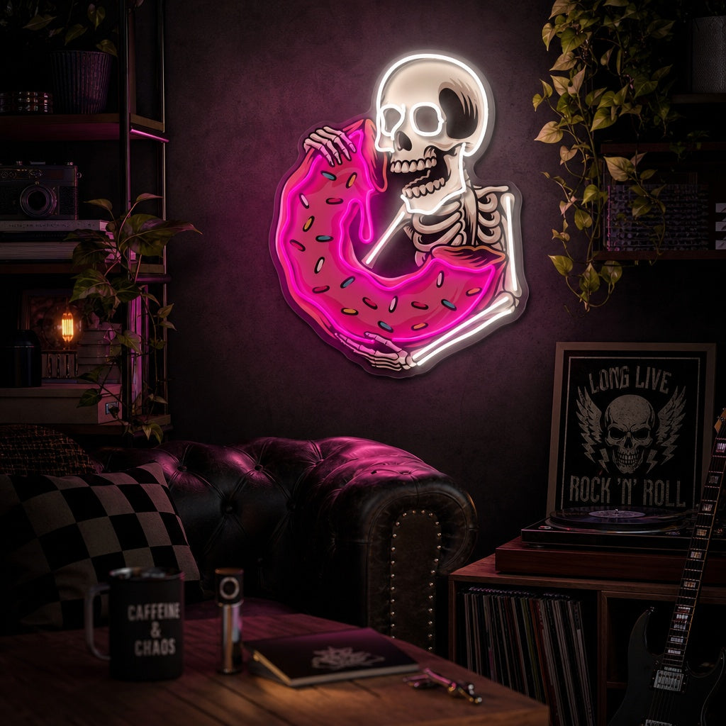 "Skalle som äter läcker munk" UV-tryckt LED-neonskylt